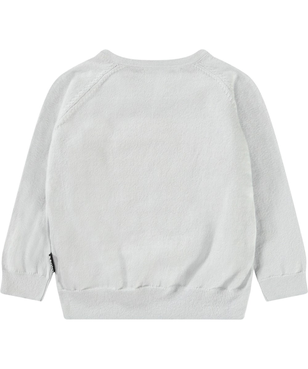 Bless - Cheetah Face - Weicher Strickpullover für Babys aus Öko-Baumwolle. Der Pullover ist grau mit einem Gepardengesicht.