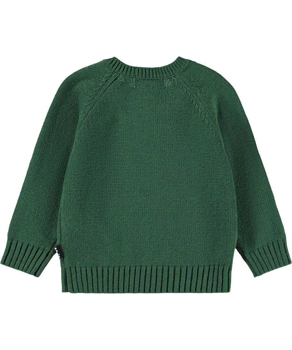 Bless - Dachs Puppy - Dunkelgrüner Strickpullover für die Kleinen aus einer weichen Baumwoll- und Wollmischung mit einem Hund auf der Vorderseite.