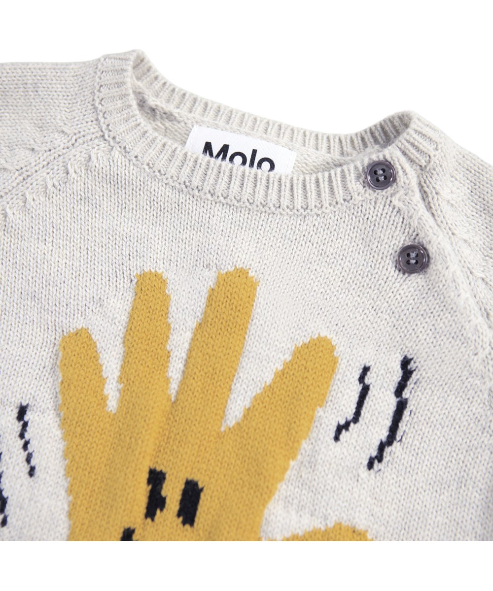 Bless - Happy Hands - Beiger Strickpullover für die Kleinen aus einer weichen Baumwoll- und Wollmischung mit einem Hund auf der Vorderseite.