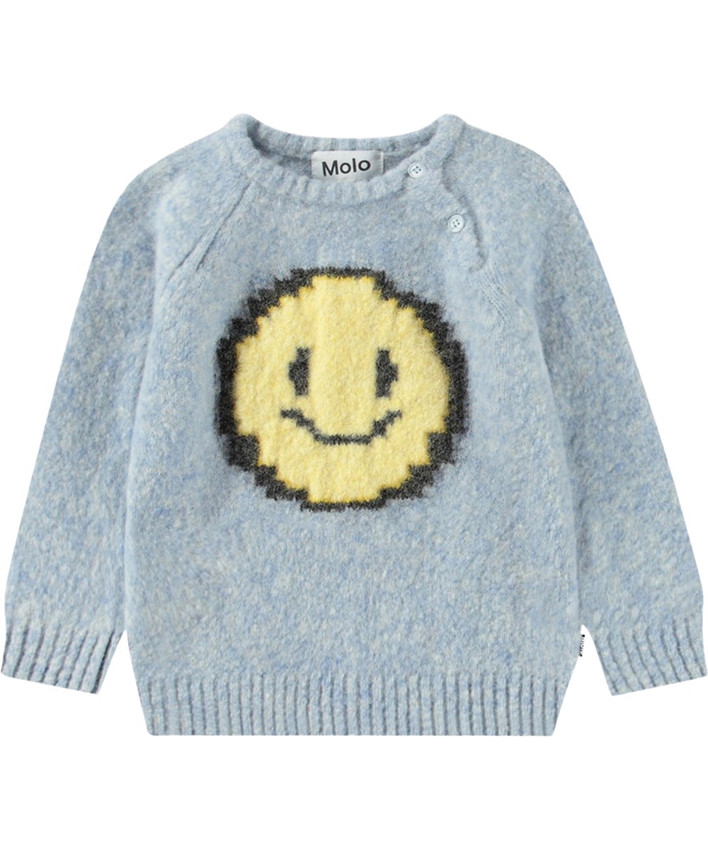 Bless - Pixel Smile - Hellblauer Pullover für die Kleinen mit einem aufgedruckten lächelnden Gesicht.