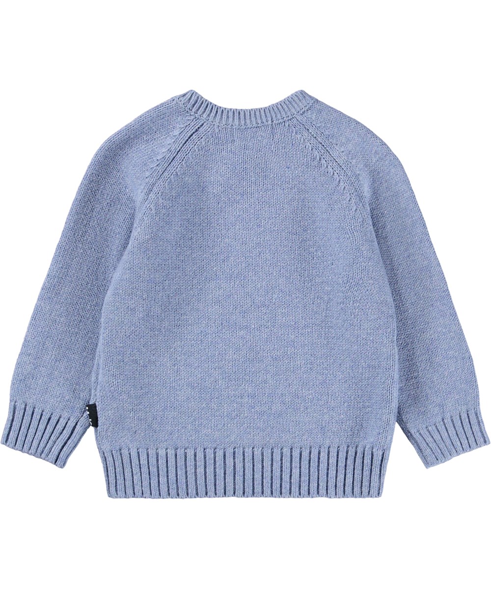 Bless - Toy Bear - Hellblauer Strickpullover für die Kleinen aus einer weichen Baumwoll- und Wollmischung mit einem braunen Teddybären auf der Vorderseite.