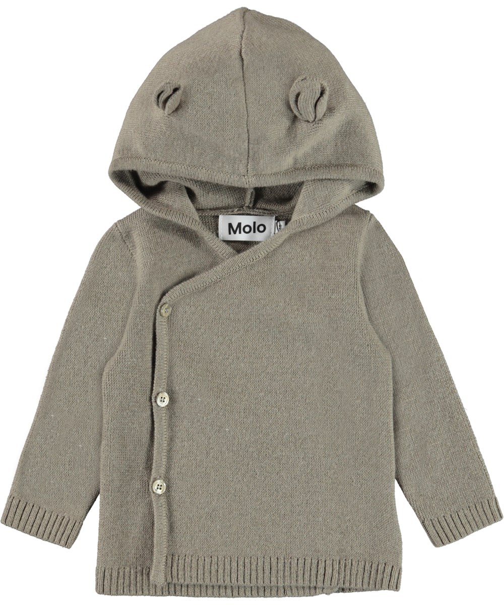 Bobby - Warm Grey - Graue Babystrickjacke mit Kapuze und Ohren