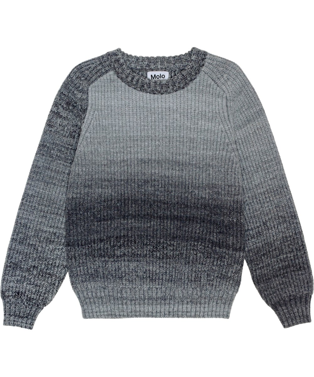 Bosse - Space Dye Grey - Grauer Strickpullover mit Verlaufseffekt, Raglanärmeln und Rippstrick.