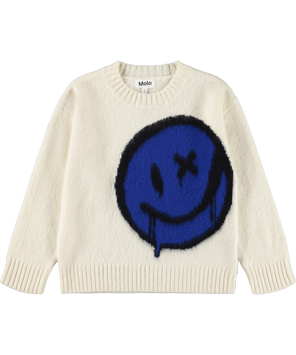 Brian wool - Drippy Smile - Off-White-Strickpullover für Kinder aus Wolle. Der Pullover hat ein großes blaues lächelndes Gesicht auf der Vorderseite.