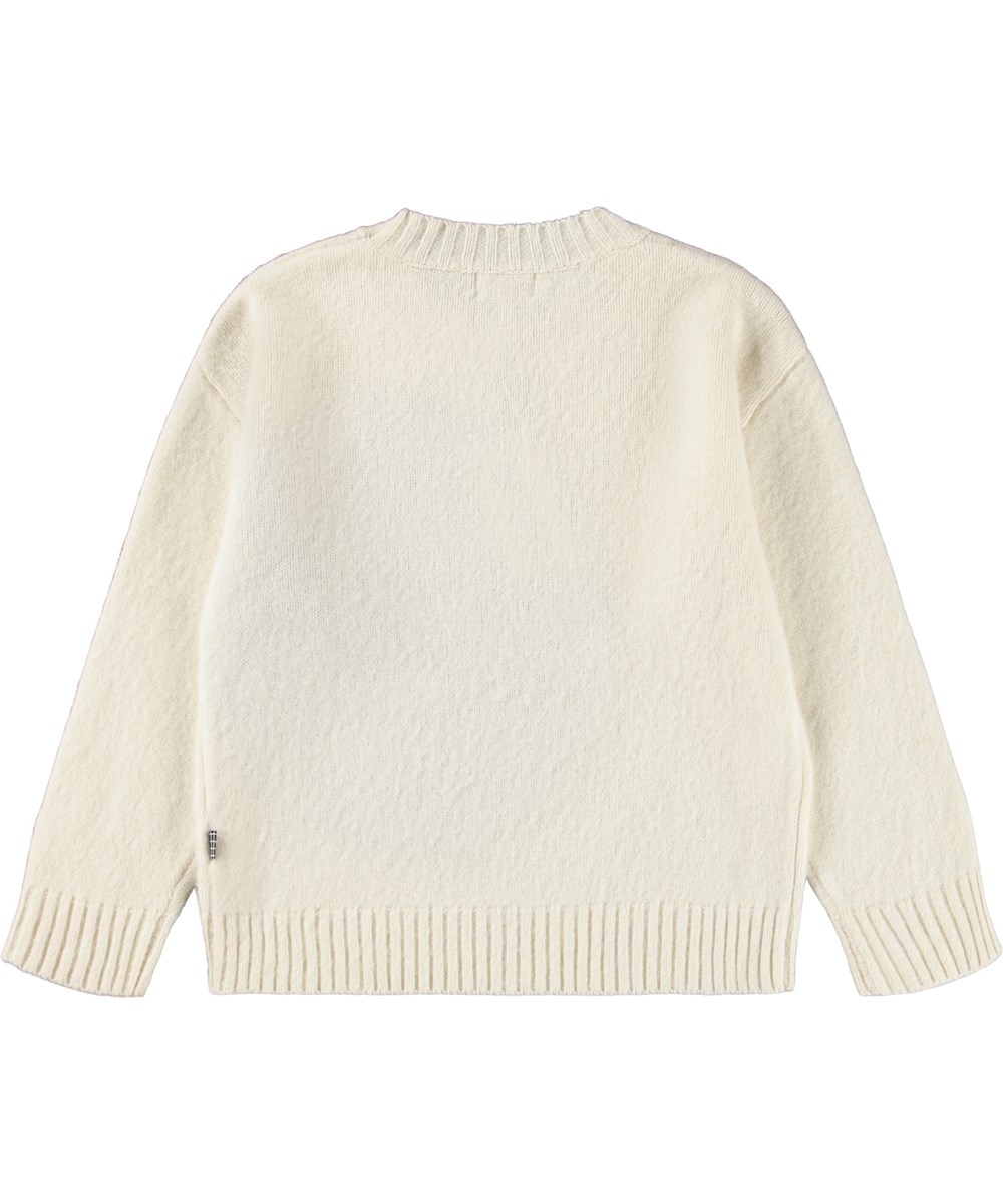 Brian wool - Drippy Smile - Off-White-Strickpullover für Kinder aus Wolle. Der Pullover hat ein großes blaues lächelndes Gesicht auf der Vorderseite.