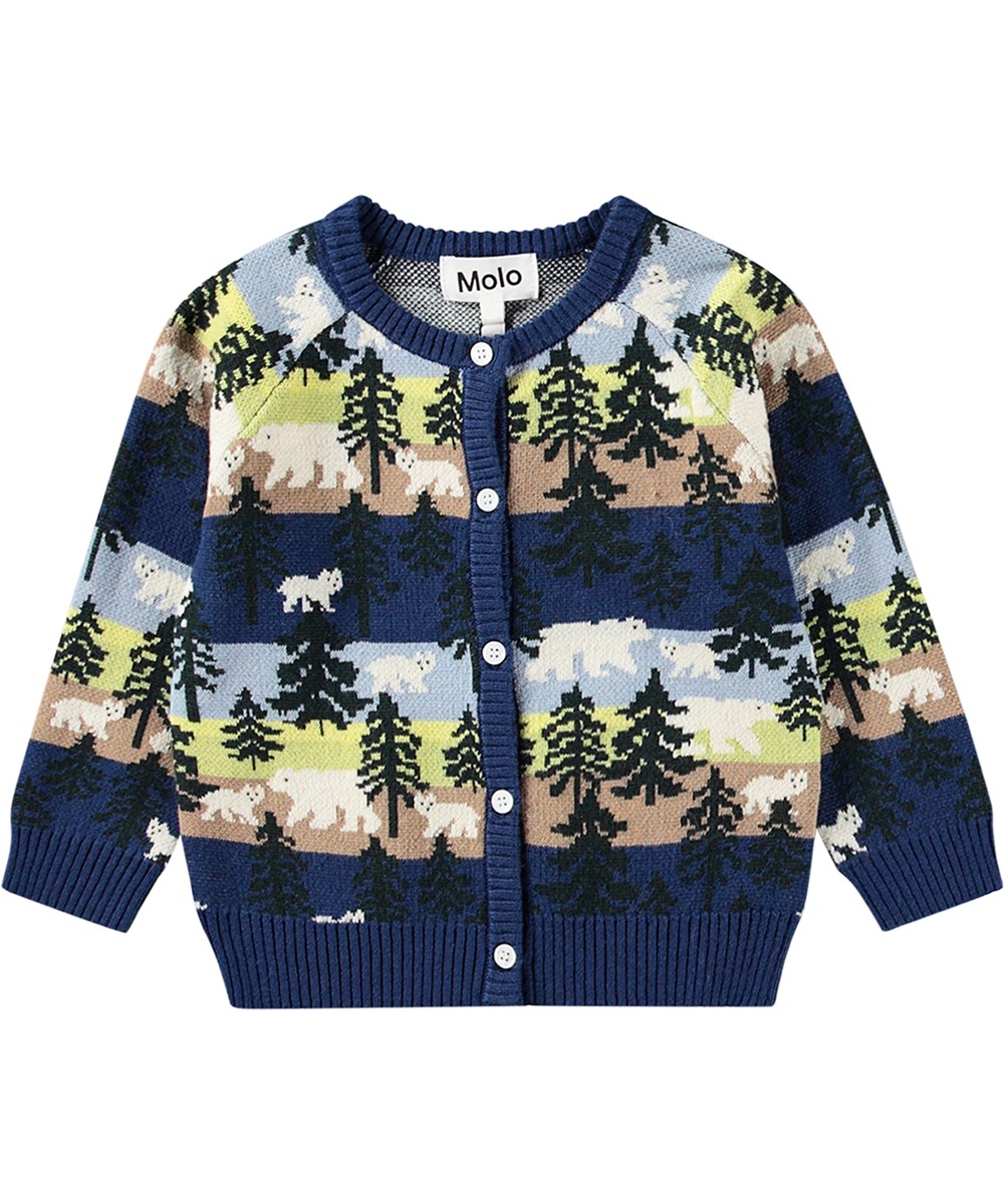 Brody - Forest Bears - Bunt gestreifter Kinder-Cardigan aus Baumwolle/Wolle mit Polarbär- und Tannenbaum-Muster.