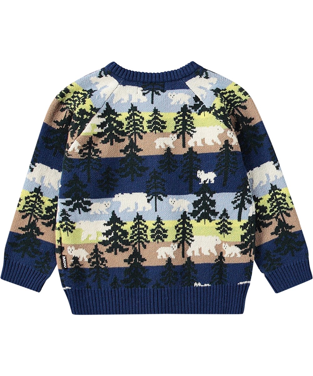 Brody - Forest Bears - Bunt gestreifter Kinder-Cardigan aus Baumwolle/Wolle mit Polarbär- und Tannenbaum-Muster.