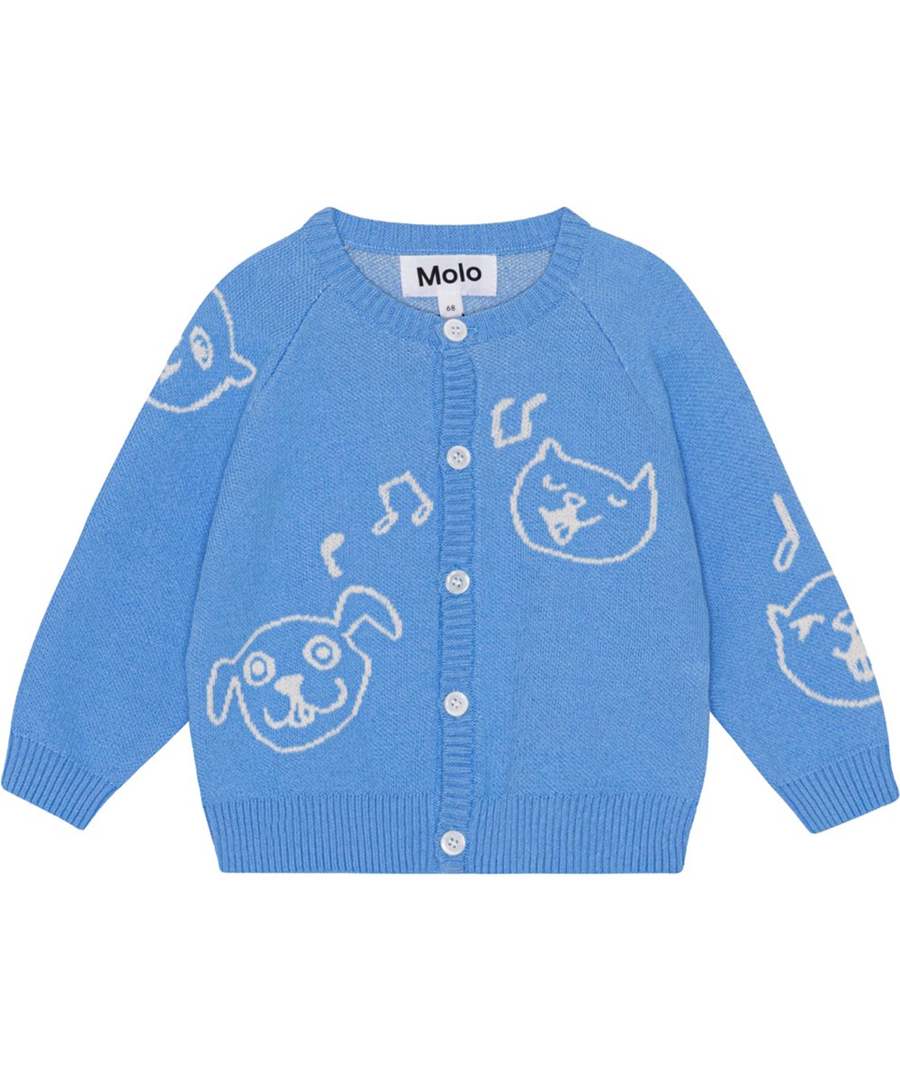 Brody - Forget Me Not - Blauer Strick-Cardigan für die Kleinen aus weicher Öko-Baumwolle mit Hunden und Katzen