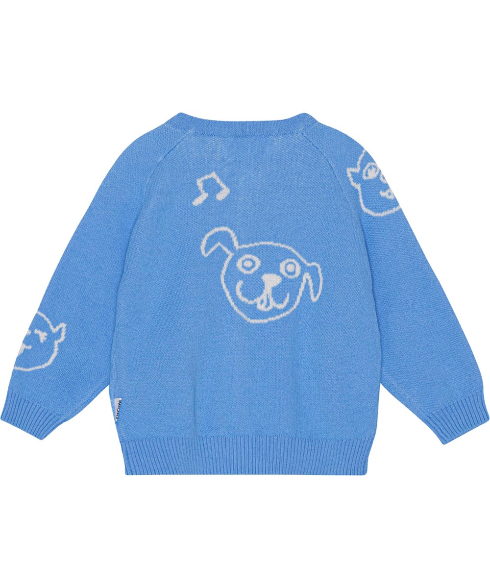 Brody - Forget Me Not - Blauer Strick-Cardigan für die Kleinen aus weicher Öko-Baumwolle mit Hunden und Katzen