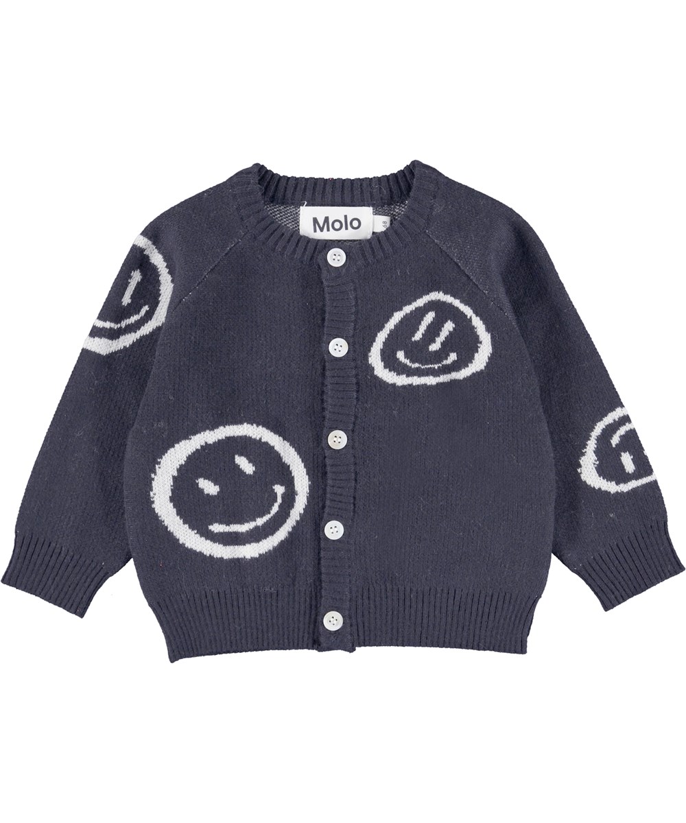Brody - Galaxy Blue - Schwarze Babystrickjacke mit Smileys