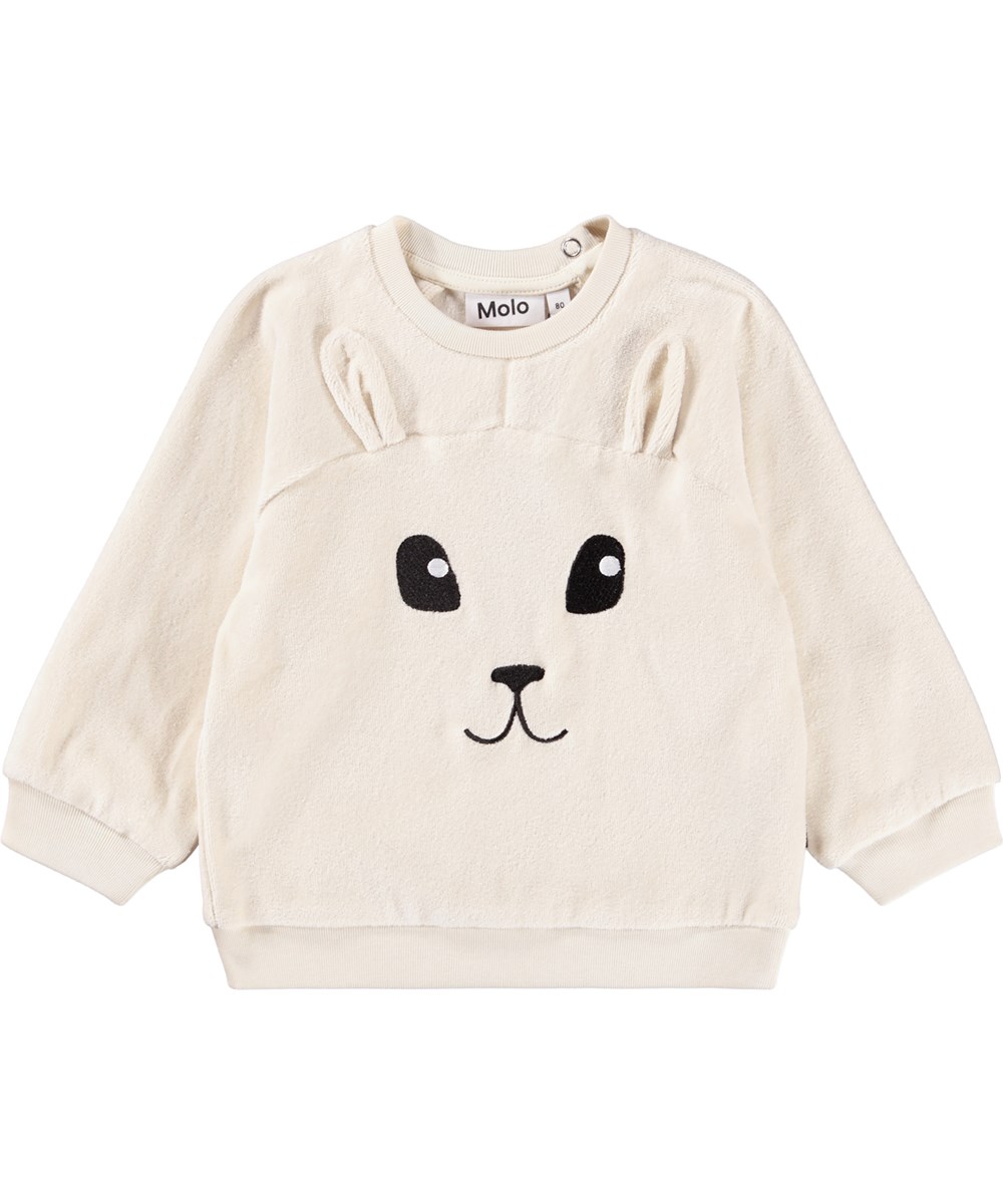 Day - White Noise - Off-White-Sweatshirt für die Kleinen aus weicher Öko-Baumwolle mit einem gestickten Teddybären-Gesicht auf der Vorderseite.