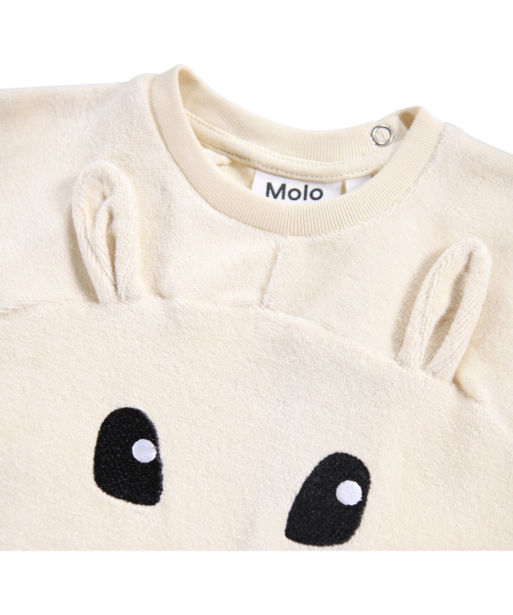 Day - White Noise - Off-White-Sweatshirt für die Kleinen aus weicher Öko-Baumwolle mit einem gestickten Teddybären-Gesicht auf der Vorderseite.