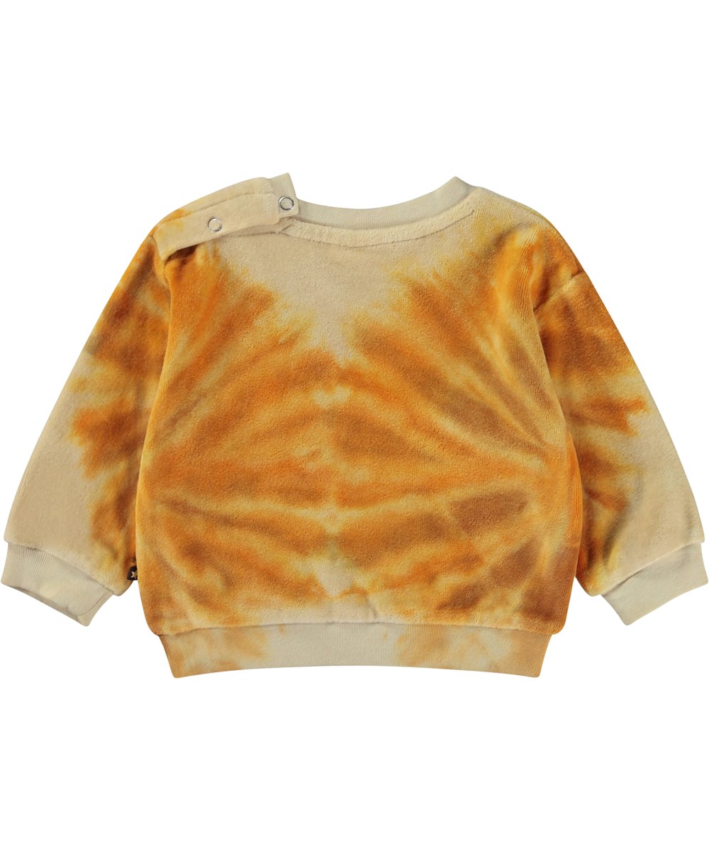 Dear - Sun Tie Dye - Orangefarbene Öko-Baby-Langarmsshirt aus Baumwollvelours mit Batikmuster
