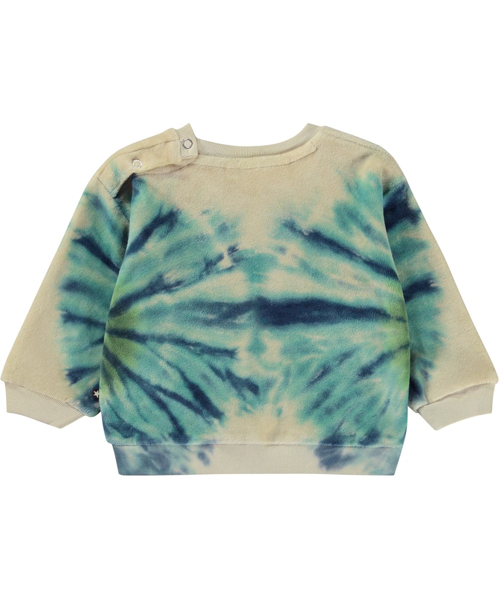 Dear - Tie Dye Blues - Beige Öko-Baby-Langarmsshirt aus Baumwollvelours mit blauem Batikmuster