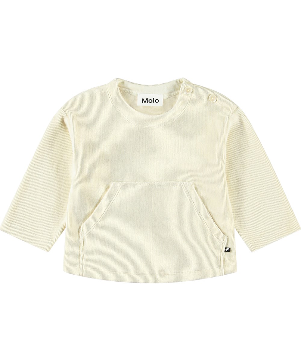 Dimi - White Noise - Weiche gerippte Samt-Bluse in Off-White für die Kleinen mit Kängurutasche.