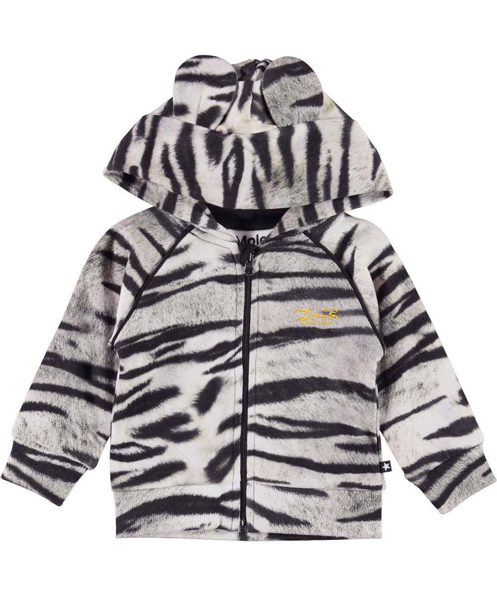 Dirki - Tiger White - Öko-Baby-Sweatshirt mit Ohr in schwarz-weißem Tiger-Print