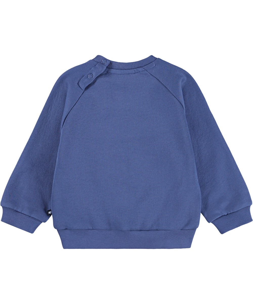 Disc - Toy Elephant - Blaues Sweatshirt für die Kleinen aus weicher Öko-Baumwolle mit einem gestickten Elefanten-Gesicht auf der Vorderseite.