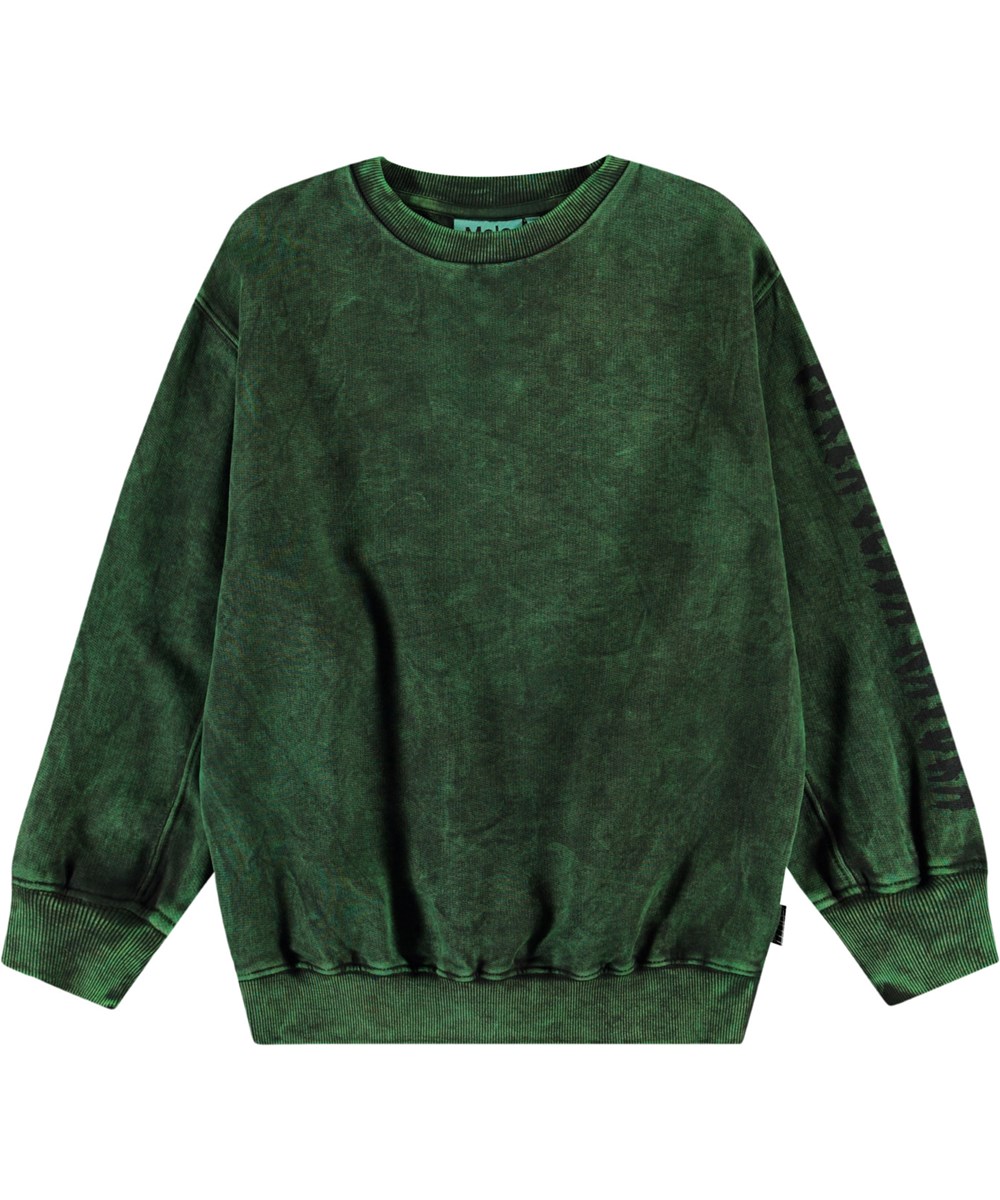 Magni - Amazonas Dye - Grüner Pullover mit Druck für Kinder aus weicher Öko-Baumwolle mit gerippten Kanten am Hals, an den Ärmeln und am unteren Saum des Pullovers.