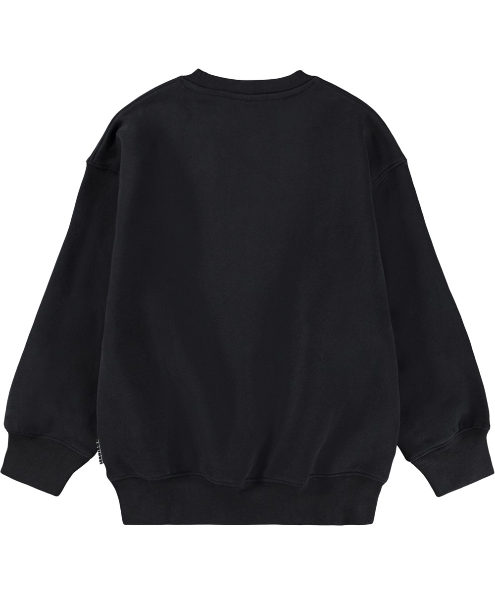 Mar - Black - Schwarzer Pullover für Kinder aus weicher Öko-Baumwolle mit einem großen Aufdruck eines handgezeichneten Friedenszeichens.