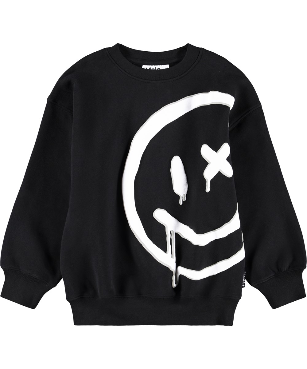Mar - Drippy White - Schwarzer Pullover für Kinder aus weicher Öko-Baumwolle mit einem großen lächelnden Gesicht.