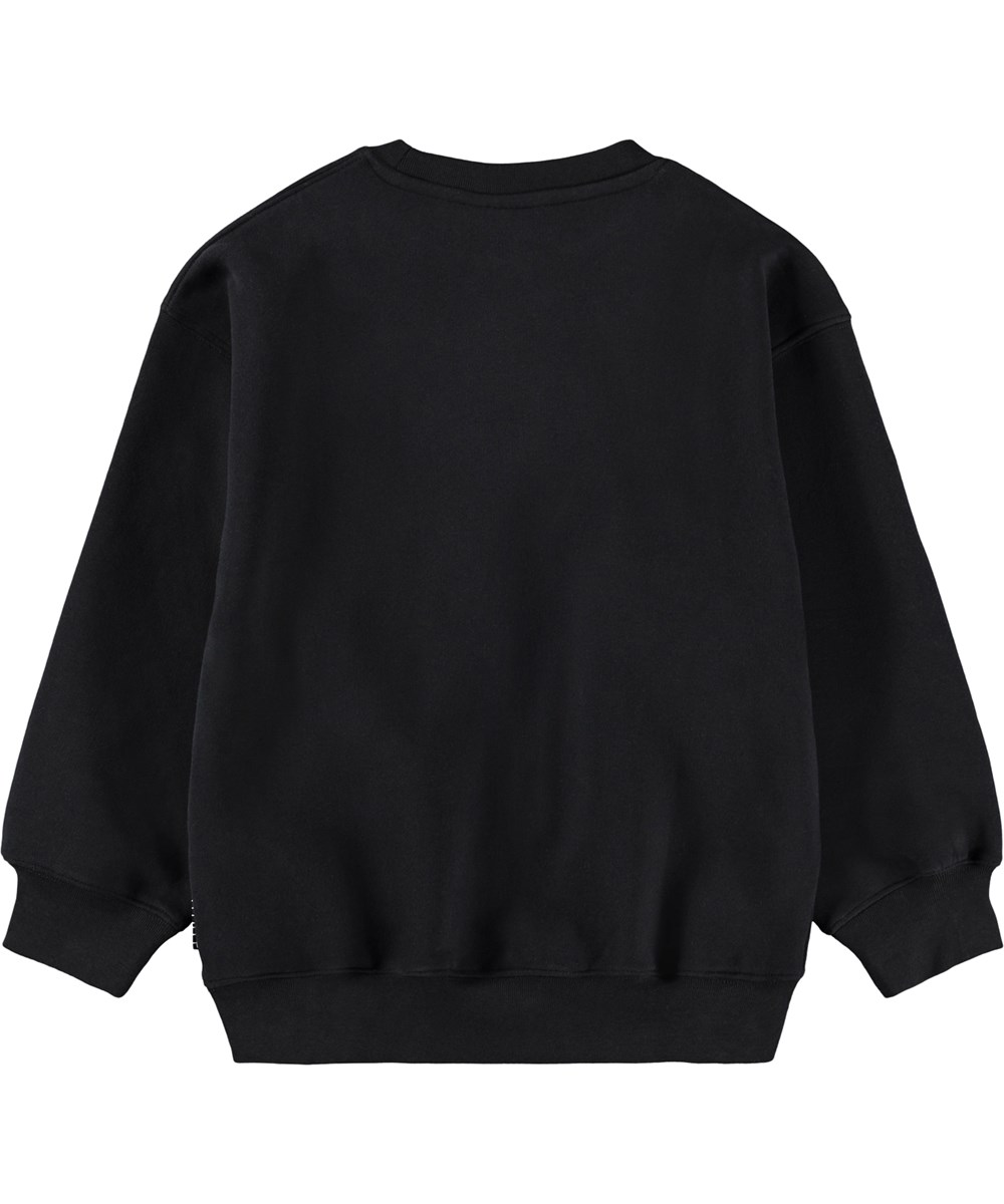 Mar - Drippy White - Schwarzer Pullover für Kinder aus weicher Öko-Baumwolle mit einem großen lächelnden Gesicht.