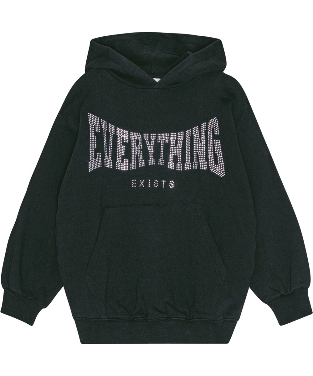 Maxx - Black - Weicher und warmer schwarzer Öko-Baumwoll-Hoodie mit übergroßer Passform. Pailletten-Kunstwerk "Everything Exists" auf der Vorderseite.
