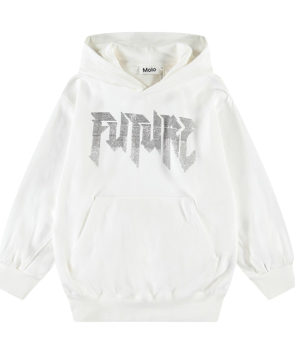 Maxx - White - Weißer übergroßer Kapuzenpullover für Kinder aus weicher Öko-Baumwolle mit Kängurutasche und gerippten Abschlüssen.