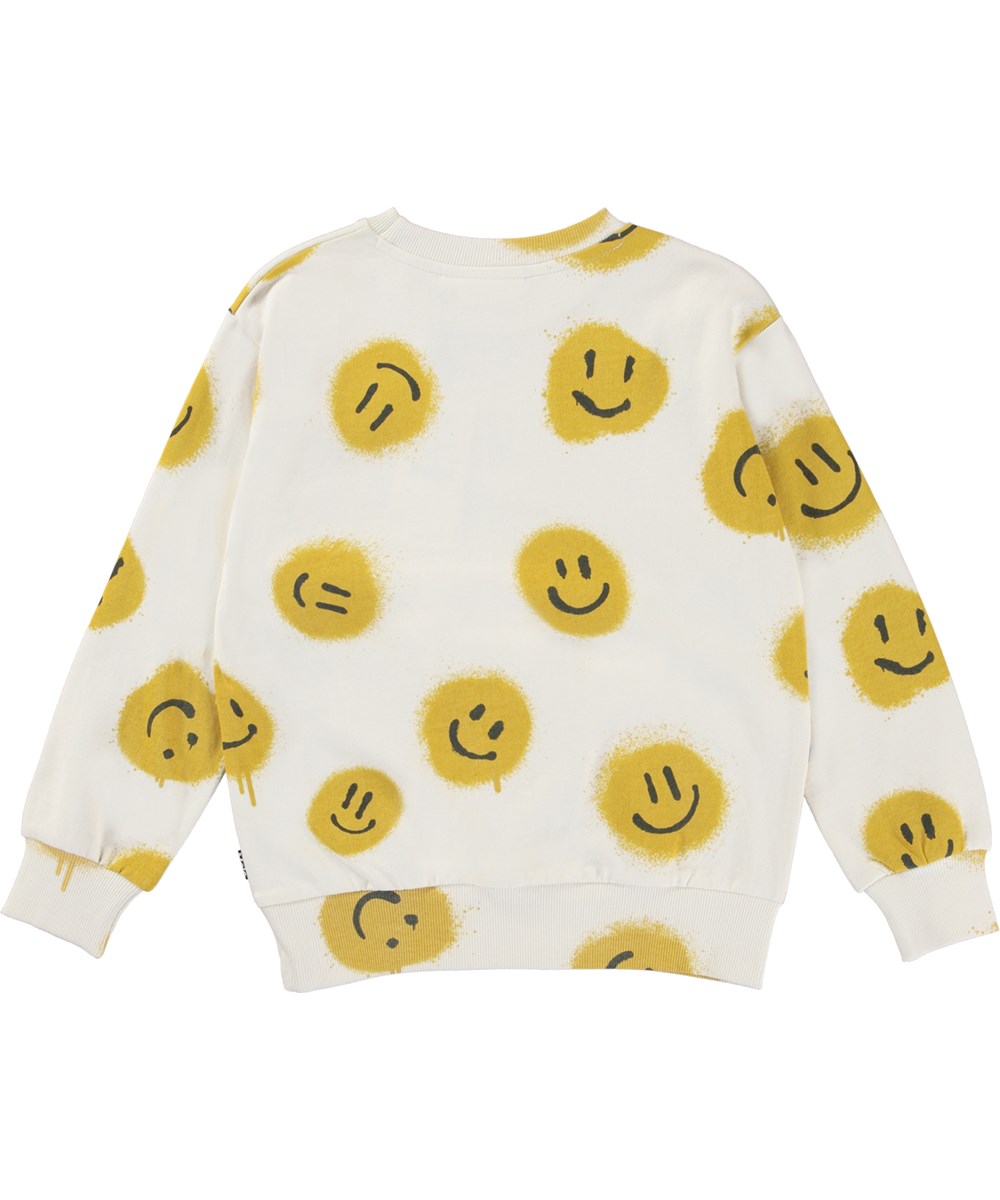 Mik - Happy Together - Weißes Sweatshirt mit gelben Smileys.
