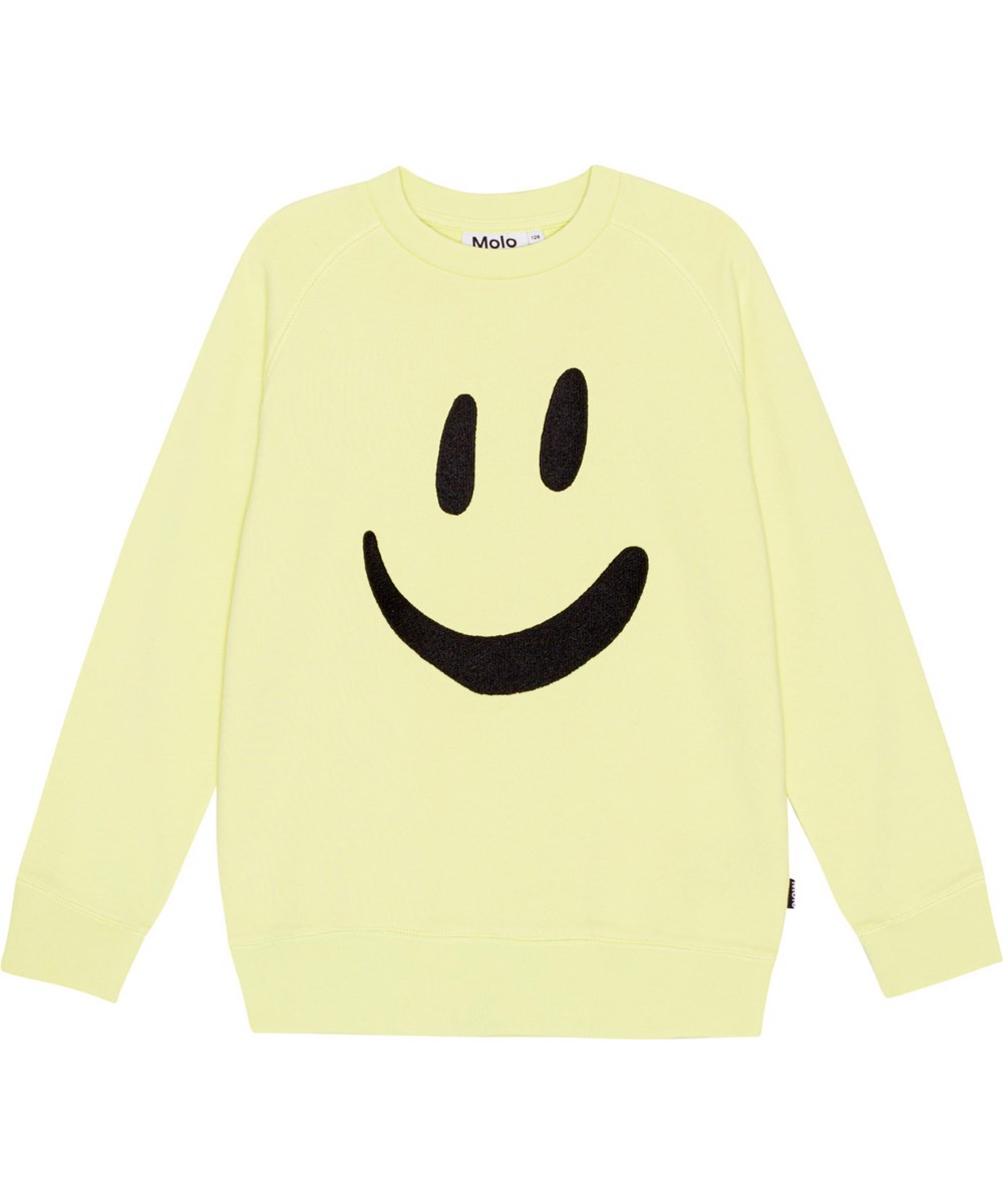 Mike - Sour Lemon - Gelber Pullover aus weicher Öko-Baumwolle mit aufgesticktem lächelndem Gesicht