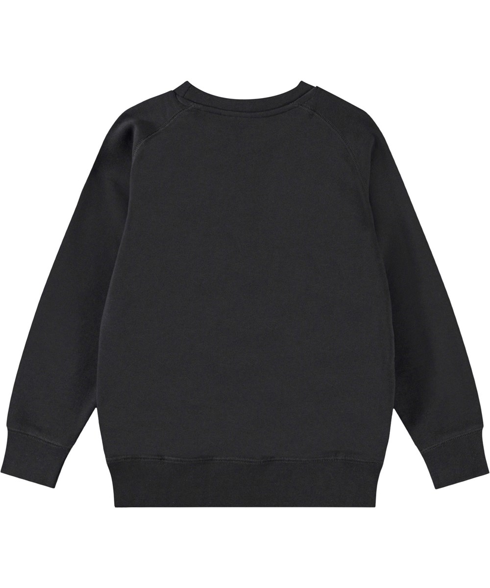 Mike - Black - Schwarzer Pullover für Kinder aus weicher Öko-Baumwolle mit Raglanärmeln, gerippten Kanten am Hals, an den Ärmeln und am unteren Saum des Pullovers.