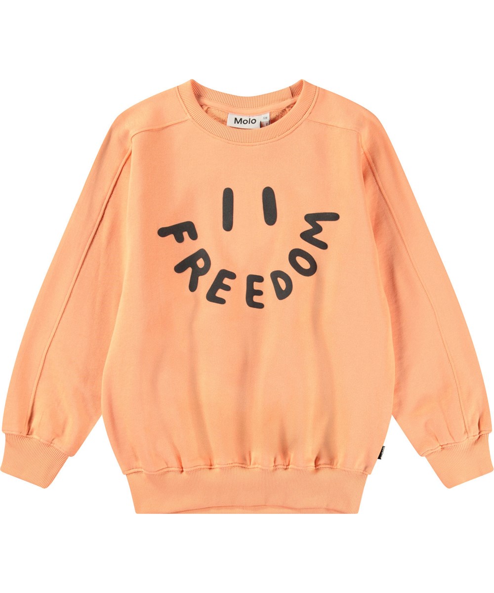 Mir - Cantaloupe - Oranger Pullover mit Druck für Kinder aus weicher Öko-Baumwolle mit gerippten Kanten am Hals, an den Ärmeln und am unteren Saum des Pullovers.