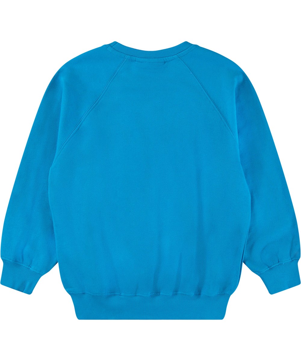 Mir - Peacock Blue - Blauer Pullover mit Druck für Kinder aus weicher, organischer Baumwolle mit gerippten Kanten am Hals, an den Ärmeln und am unteren Saum des Pullovers.