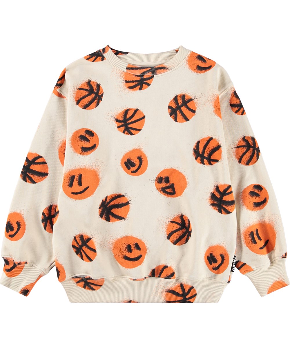 Monti - Basketballs - Beiger Kinderpullover aus Bio-Baumwolle mit Basketball-Print