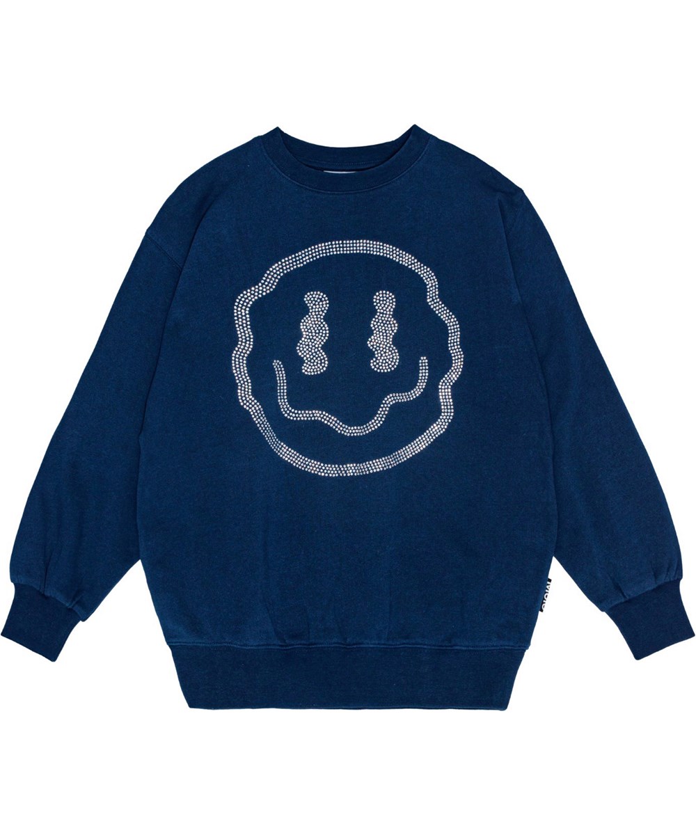 Monti - Bling Smile - Weiches und warmes dunkelblaues Öko-Baumwoll-Sweatshirt mit Pailletten-Kunstwerk.