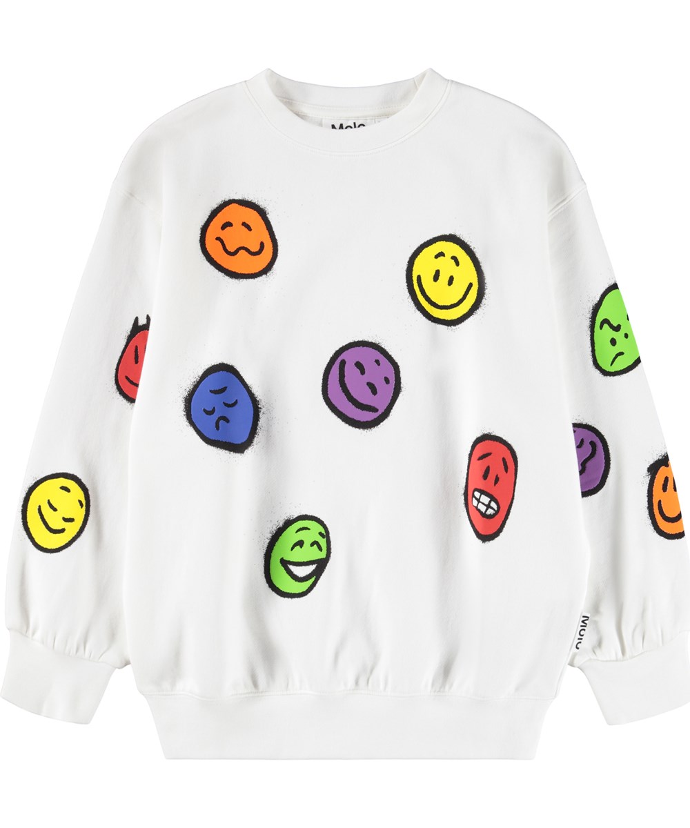 Monti - Crisp White - Weißer Pullover für Kinder aus weicher Öko-Baumwolle mit bunten Gesichtern.