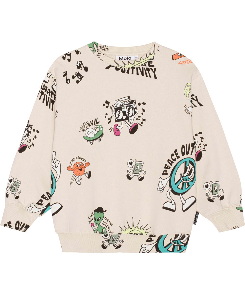 Monti - Diffriends - Sandfarbenes Sweatshirt aus weicher Öko-Baumwolle mit einem Aufdruck cooler Comicfiguren