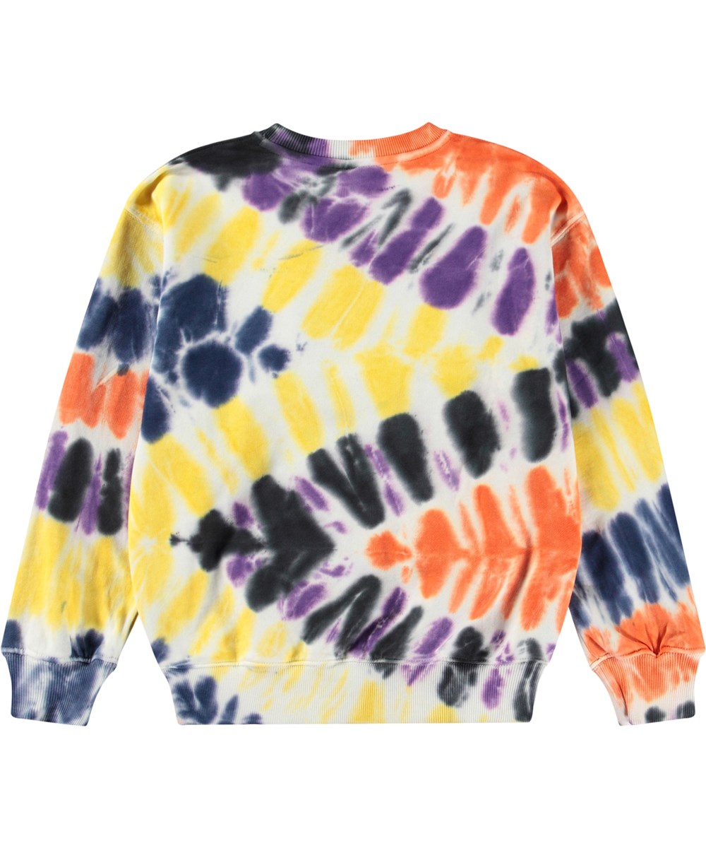 Monti - Triangular Dye - Bunt gefärbter Tie-Dye-Sweatshirt für Kinder aus weicher Öko-Baumwolle mit gerippten Kanten am Hals, an den Ärmeln und am unteren Saum des Sweatshirts.