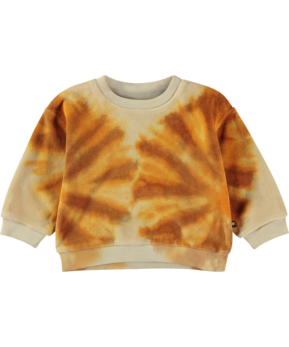 Dear - Sun Tie Dye - Oranje biologische babysweater in katoen/fluweel in tie-dye