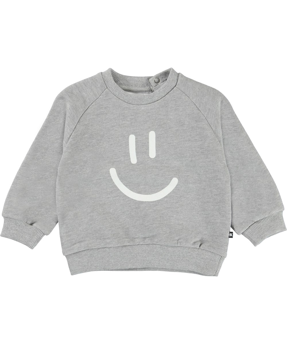 Disc - Grey Melange - Grijze biologische babysweater met smiley print