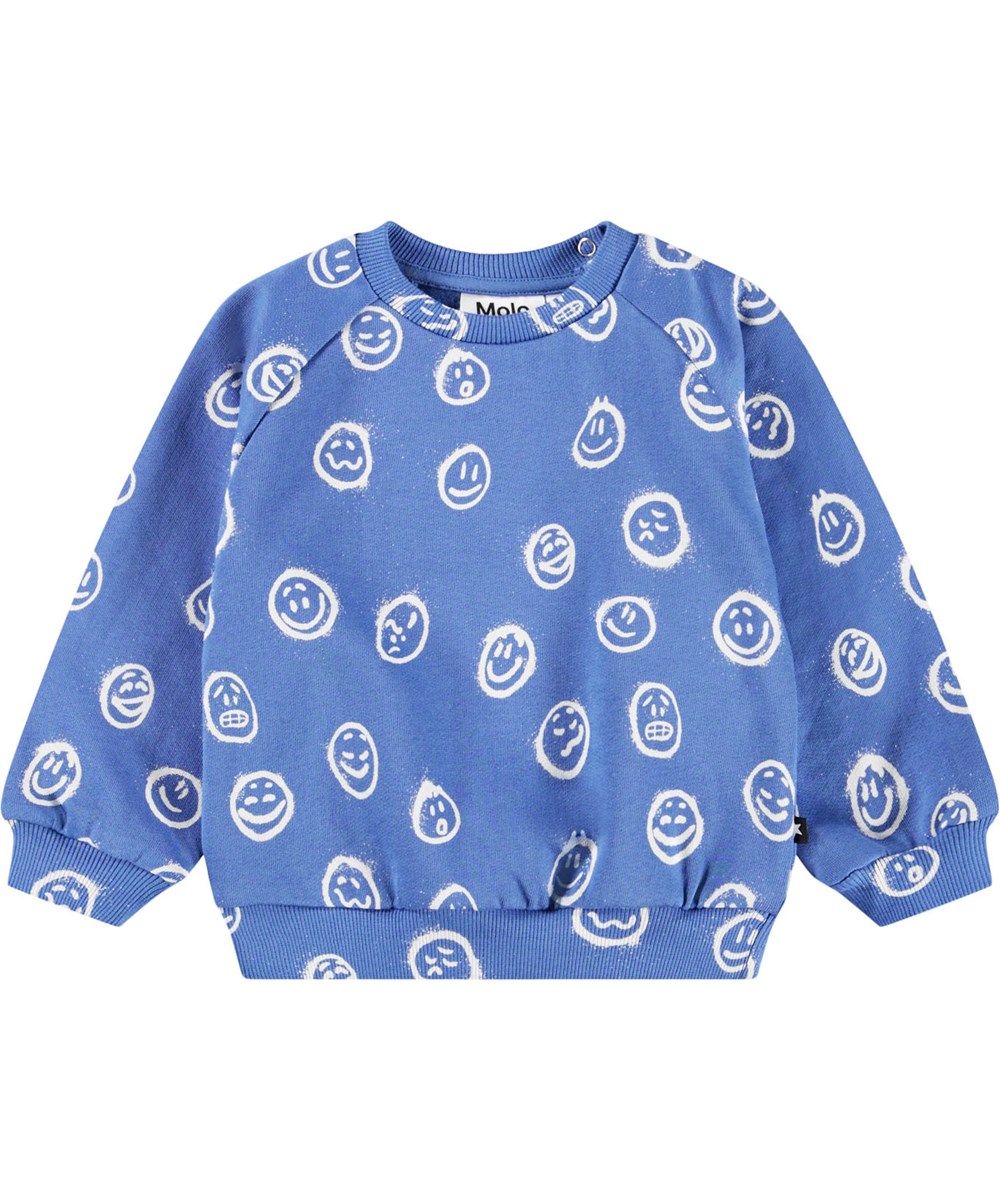Disc - Blue Moods - Blauwe sweater voor de kleintjes gemaakt van zacht biologisch katoen met een print van gezichten in verschillende stemmingen.