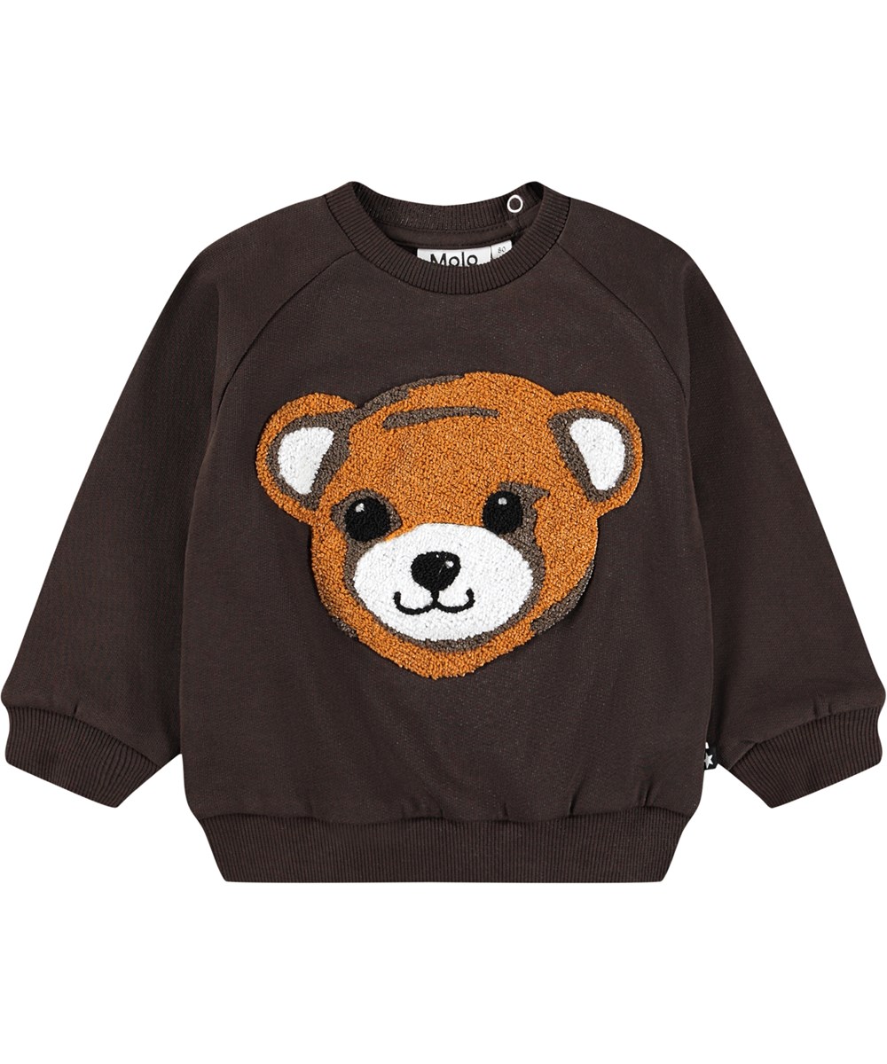 Disc - Dark Cocoa - Donkerbruine sweater voor de kleintjes gemaakt van zacht biologisch katoen met op de voorkant een geborduurd teddyberengezicht.
