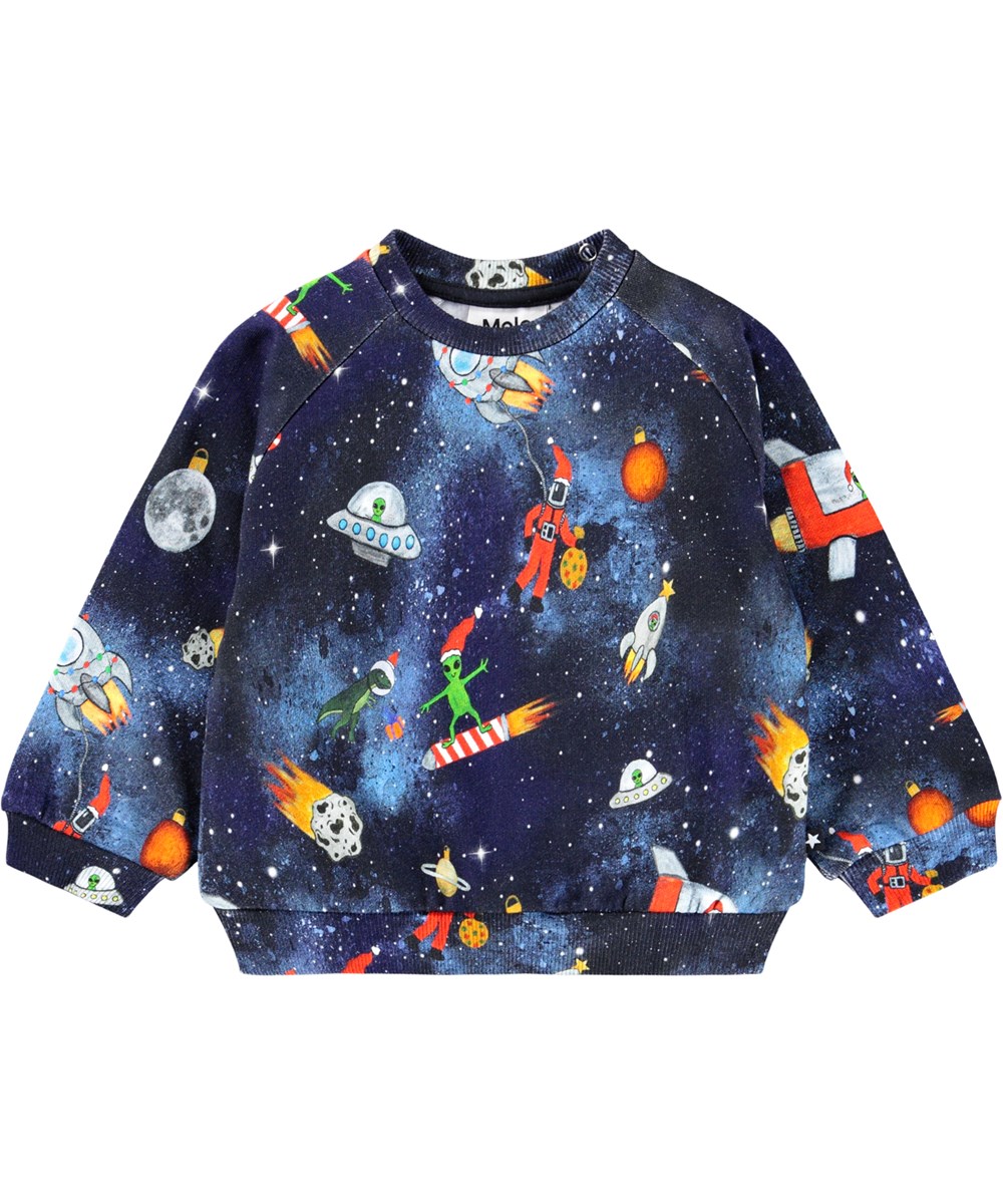 Disc - Holiday Space - Donkerblauwe sweater voor de kleintjes gemaakt van zacht biologisch katoen met een print van het leven in de ruimte.