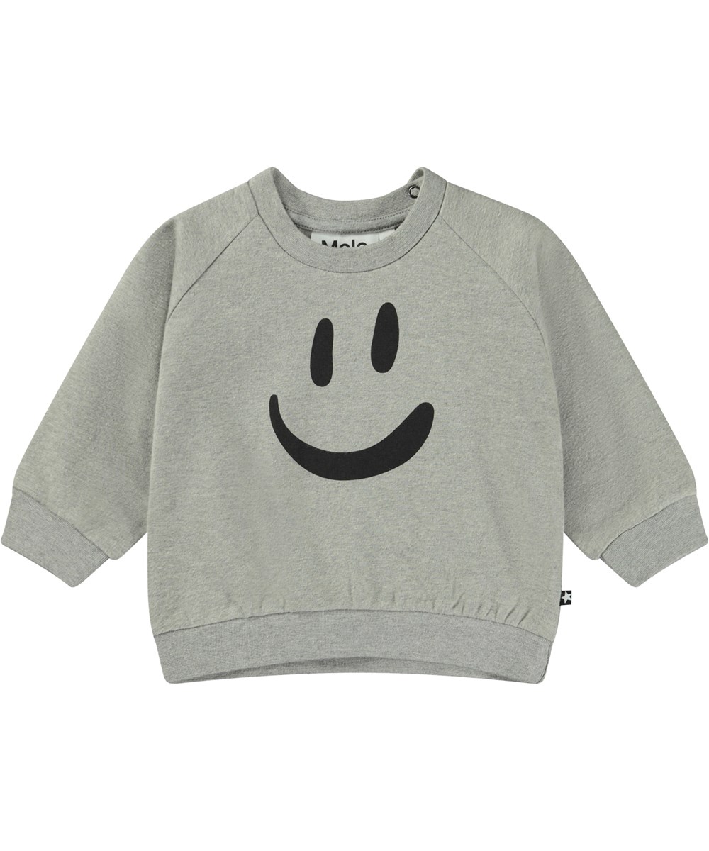 Disc - Grey Melange - Grijze biologische babysweater met lachend gezicht