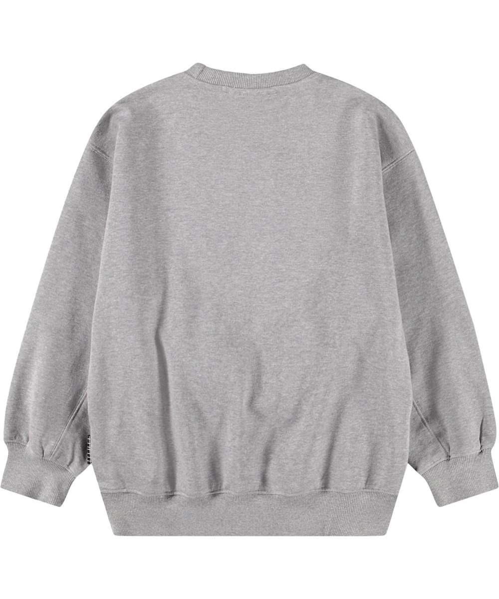 Magni - Grey Melange - Grijze gemêleerde kindersweater met geborduurde print gemaakt van biologisch katoen 