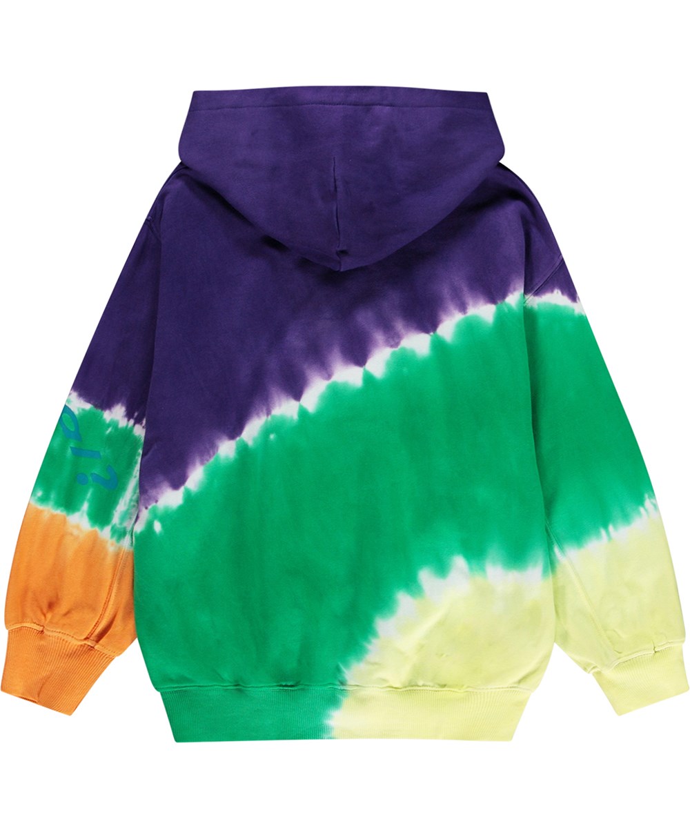 Maxx - Colour Eclipse - Oversized kleurrijke tie-dye hoodie van biologisch katoen met blauwe tekstprint.