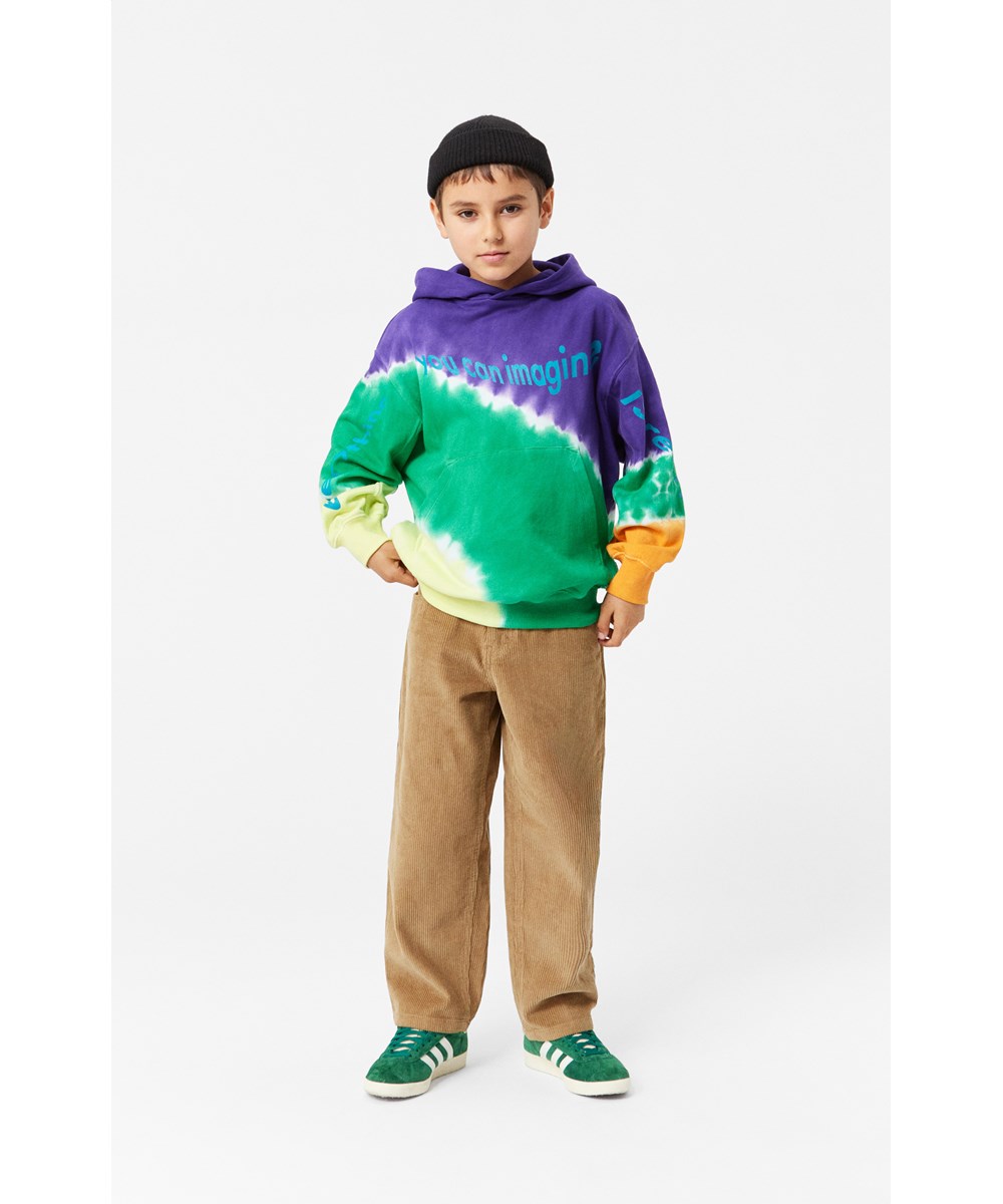 Maxx - Colour Eclipse - Oversized kleurrijke tie-dye hoodie van biologisch katoen met blauwe tekstprint.