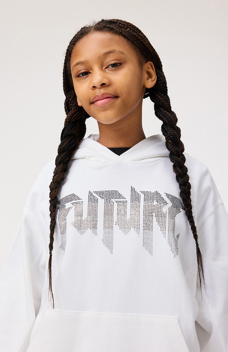 Maxx - White - Witte oversized kinderhoodie van zacht biologisch katoen met voorzakken en ribboorden.