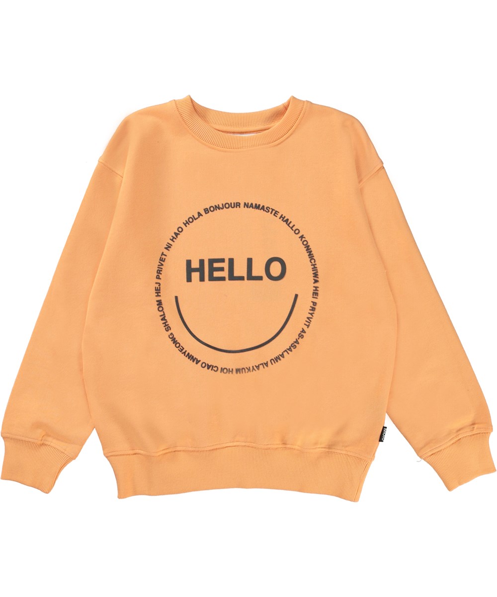 Memphis - Papaya - Oranje trui met Hello smiley