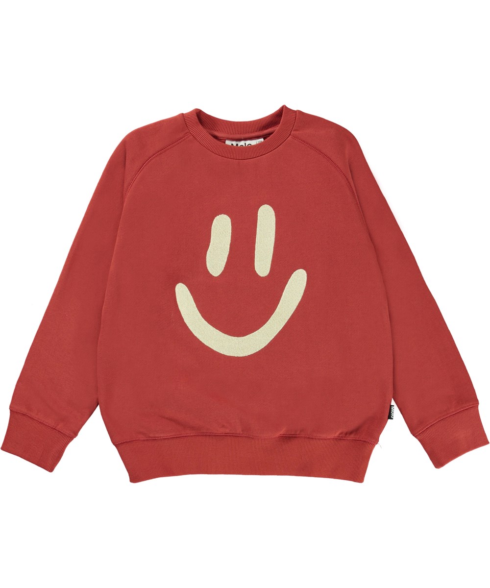 Mike - Red Ochre - Rode biologische sweater met smiley print 