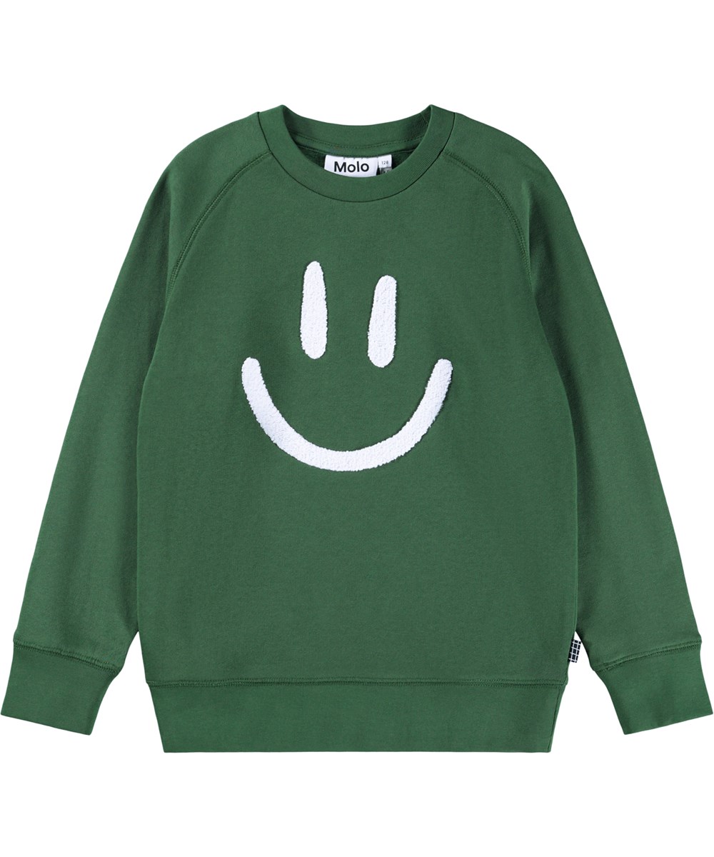 Mike - Pine Tree - Groene kindersweater gemaakt van zacht biologisch katoen met raglanmouwen en ribboorden rond de hals, mouwen en taille.